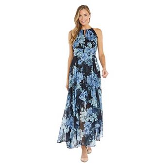 Petite R&M Richards Long Halter Floral Printed Chiffon Dress