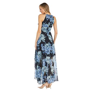 Petite R&M Richards Long Halter Floral Printed Chiffon Dress