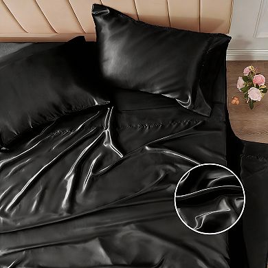 4 Piece Satin Sheet Set - Soft Polyester Microfiber, Black