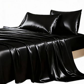 4 pc Satin Sheet Set - Soft Polyester Microfiber, Black