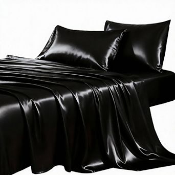 4 pc Satin Sheet Set - Soft Polyester Microfiber, Black