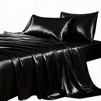 4 pc Satin Sheet Set - Soft Polyester Microfiber, Black