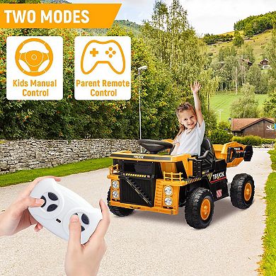 12V Ride On Dump Truck for Kid,Remote Control Electric Construction Vehicle with Dump Bed & Shovel