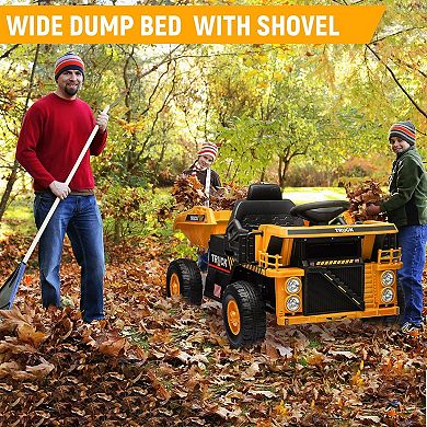12V Ride On Dump Truck for Kid,Remote Control Electric Construction Vehicle with Dump Bed & Shovel