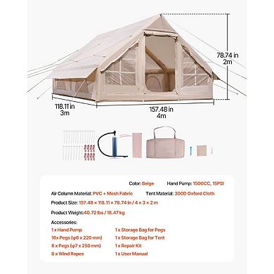 Blow Up Camping Tent for 58 People with Two Doors, Four Windows, and Fast Setup - Beige