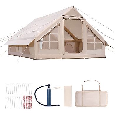 Blow Up Camping Tent for 58 People with Two Doors, Four Windows, and Fast Setup - Beige