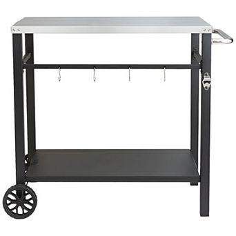 BBQ Prep Table with Stainless Steel Top Double Shelves Hooks and Wheels for Outdoor Cooking Black