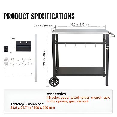 BBQ Prep Table with Stainless Steel Top Double Shelves Hooks and Wheels for Outdoor Cooking Black