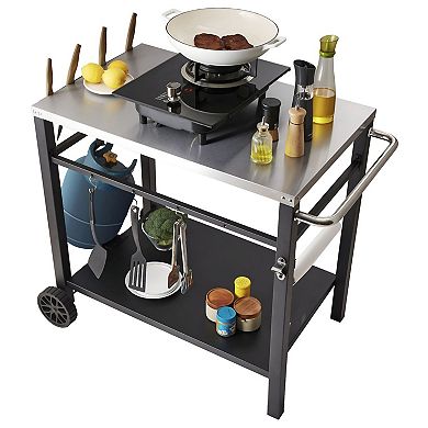 BBQ Prep Table with Stainless Steel Top Double Shelves Hooks and Wheels for Outdoor Cooking Black