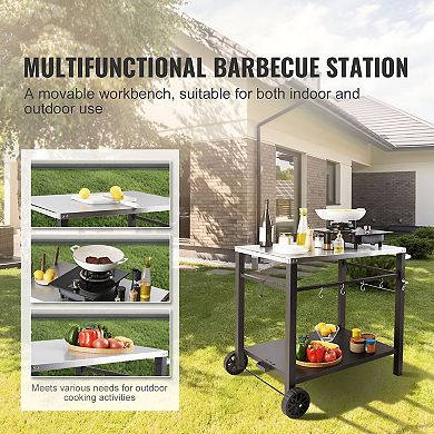 BBQ Prep Table with Stainless Steel Top Double Shelves Hooks and Wheels for Outdoor Cooking Black