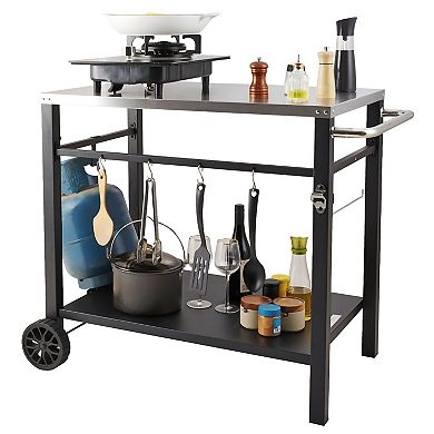 BBQ Prep Table with Stainless Steel Top Double Shelves Hooks and Wheels for Outdoor Cooking Black