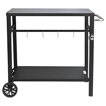 Black BBQ Prep Table with Double Shelves Hooks Knife Rack Bottle Opener and Mobility Wheels