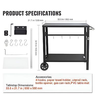 Black BBQ Prep Table with Double Shelves Hooks Knife Rack Bottle Opener and Mobility Wheels