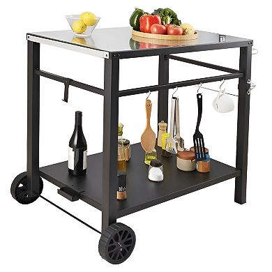 Black BBQ Prep Table with Double Shelves Hooks Knife Rack Bottle Opener and Mobility Wheels