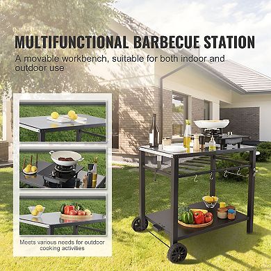 Black BBQ Prep Table with Double Shelves Hooks Knife Rack Bottle Opener and Mobility Wheels