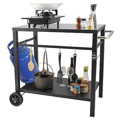Black BBQ Prep Table with Double Shelves Hooks Knife Rack Bottle Opener and Mobility Wheels