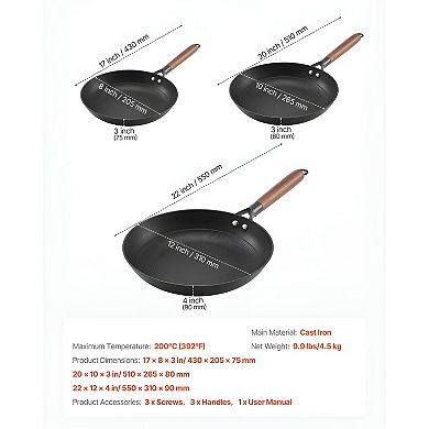Cast Iron Skillet Set 8, 10, 12 Inch Nonstick Honeycomb Surface for Frying and Searing - Black