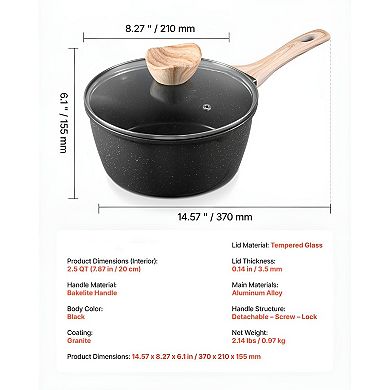 Aluminum Saucepan Nonstick with Detachable Handle and Tempered Glass Lid - 1 Piece