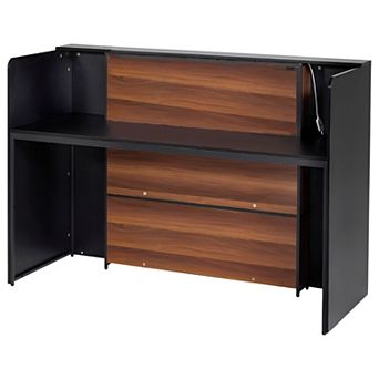 Black and Brown Reception Desk Counter with LED Light Wide Desktop and Recessed Front Space