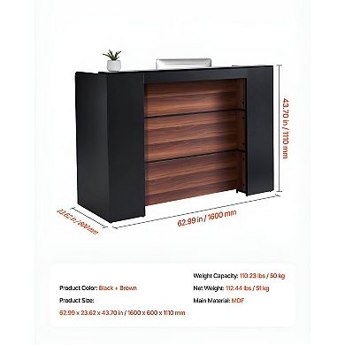 Black and Brown Reception Desk Counter with LED Light Wide Desktop and Recessed Front Space