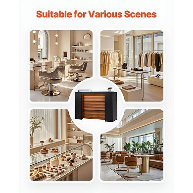 Black and Brown Reception Desk Counter with LED Light Wide Desktop and Recessed Front Space