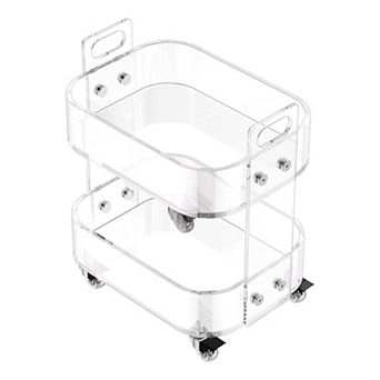 Clear Acrylic Side Table with Two-Tier Storage and Lockable Caster Wheels for Living Room or Office