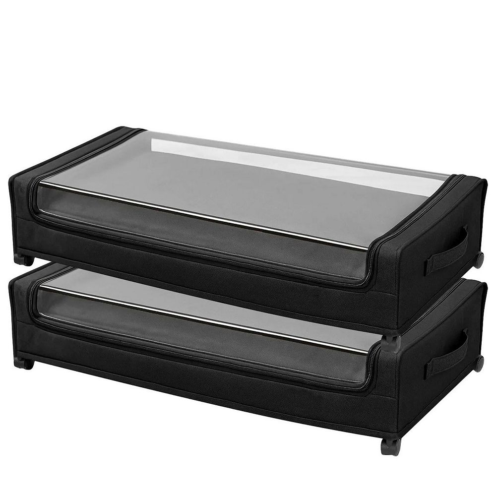 Black Rolling Under Bed Storage Bin with Clear Lid Low Profile Storage ...