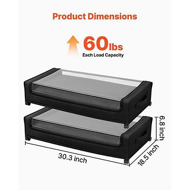 Black Rolling Under Bed Storage Bin with Clear Lid Low Profile Storage Organizer - 2 Piece