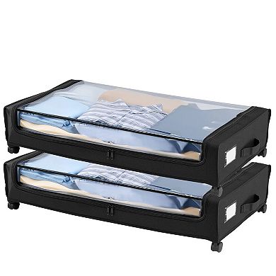 Black Rolling Under Bed Storage Bin with Clear Lid Low Profile Storage Organizer - 2 Piece