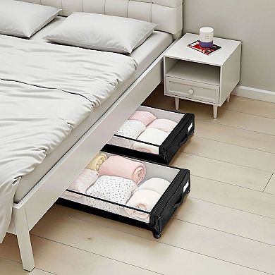Black Rolling Under Bed Storage Bin with Clear Lid Low Profile Storage Organizer - 2 Piece