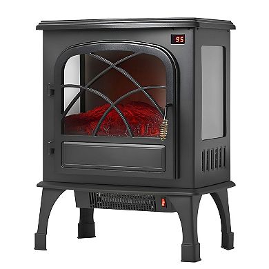 Compact Freestanding Electric Fireplace with Glowing Logs and Adjustable Flame - Black