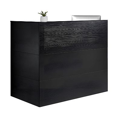 Black L-Shaped Reception Desk with Drawer Cabinet and Keyboard Tray for Office or Retail Counter