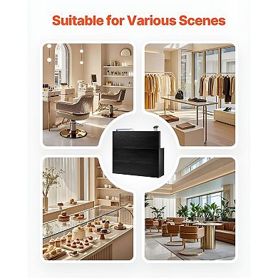 Black L-Shaped Reception Desk with Drawer Cabinet and Keyboard Tray for Office or Retail Counter