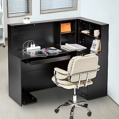 Black L-Shaped Reception Desk with Drawer Cabinet and Keyboard Tray for Office or Retail Counter