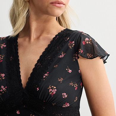 Juniors' Pink Republic Lace Trim Mesh Skater Dress
