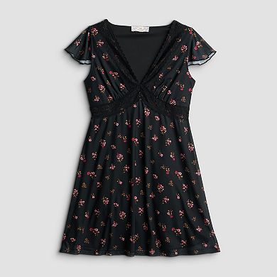 Juniors' Pink Republic Lace Trim Mesh Skater Dress