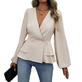 Women's V-Neck French Lace Waist-Cinching Blouse Single Button Detail Slim Fit Fashion Versatile Top