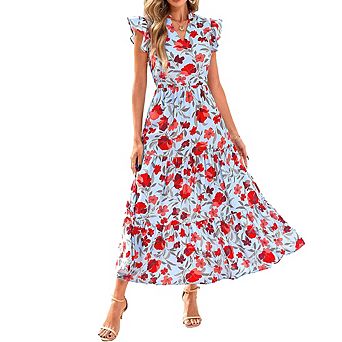 Women's Trendy Floral Print Midi Dress Cap Sleeve V-Neck Ruffled Hem Dress with Waist-Tied Pleated