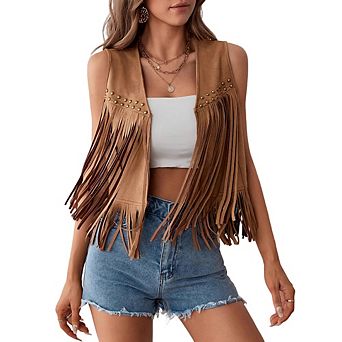 Women Boho Fringe Vest Hippie Style Sleeveless Waistcoat Summer Versatile Casual Open-Front Tank Top
