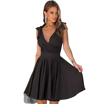Women Summer Slim Fit Dress Spaghetti Strap Tie V-Neck High Waist Ruched Midi Dress Versatile Dress