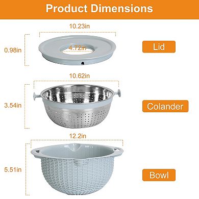 Multifunctional Mixing Bowl with Lid Stainless Steel Set with Graters, Strainer & Colander