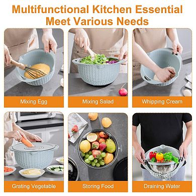 Multifunctional Mixing Bowl with Lid Stainless Steel Set with Graters, Strainer & Colander
