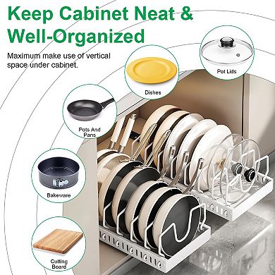 Pull-Out Pots & Pans Organizer with 8 Adjustable Dividers for Kitchen Cabinet