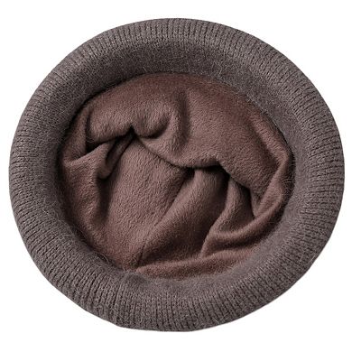 Women's Soft Knit Winter Hat with Rolled Brim and Elegant Floral Detail