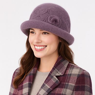 Women's Soft Knit Winter Hat with Rolled Brim and Elegant Floral Detail
