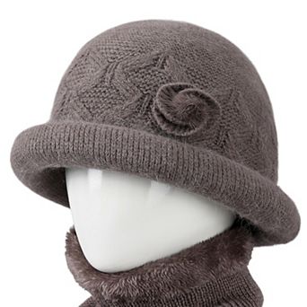 Women's Soft Knit Winter Hat with Rolled Brim and Elegant Floral Detail