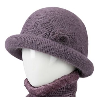 Women's Soft Knit Winter Hat with Rolled Brim and Elegant Floral Detail