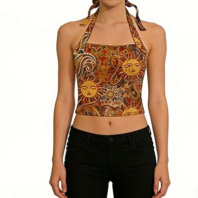 Women's Tie-Front Crop Top Halter Neck Printed Sleeveless Top