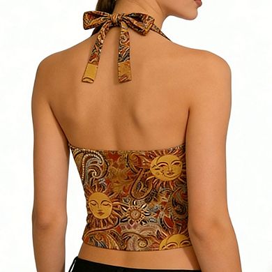 Women's Tie-Front Crop Top Halter Neck Printed Sleeveless Top