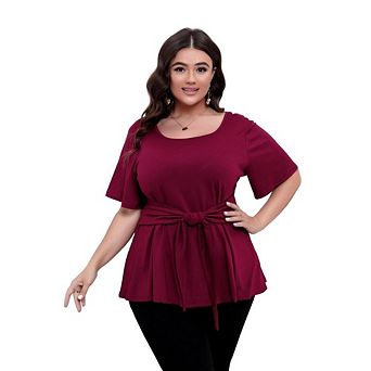 Women's Plus Size Crew Neck Short Sleeve Shirt Self-Tie Belt Peplum Summer Casual Top Soft Blouse